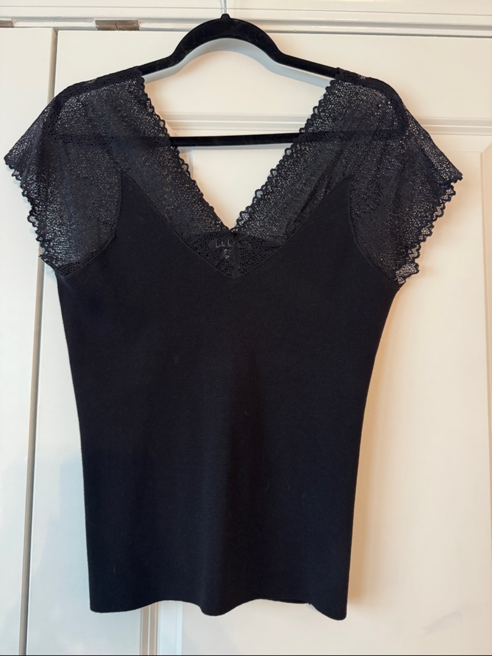Nicole Miller Black Lace Cap-Sleeve V-Neck Top